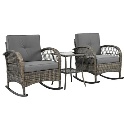 Produktbild von Rattan Balkonset (3-teilig), Akazienplatte mit grauen Kissen, Tragkraft 160 kg