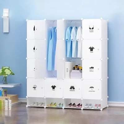 Produktbild von Modularer Kunststoffschrank - Kleiderschrank - 16 Fächer + 4 Schuhfächer - Stecksystem - Freistehend - Weiß