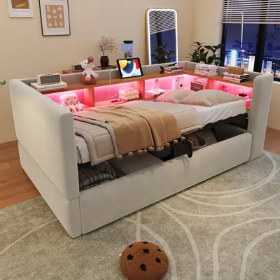 Image de Canapé-lit Flieks 90x190 cm avec espace de rangement hydraulique, canapé convertible de jour, lit capitonné, lit pour adolescents avec fonction de rangement, lit avec espace de rangement, tissu velours, couleur gris clair