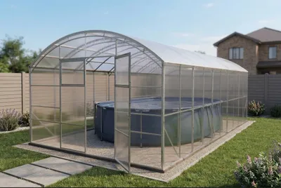 Produktbild von Poolabdeckung "Adria" von Garten Dream. 4x6M mit 4mm polycarbonate Ganzjährige Nutzung. Schnee- und winddicht. Doppeltüren auf jeder Seite. Rostschutz