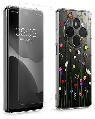 Produktbild von kwmobile Hülle kompatibel mit Xiaomi Redmi 14C / Poco C75 Handyhülle - Silikon Case transparent - Mit Glas Schutzfolie - Wildblumen Ranke Mehrfarbig