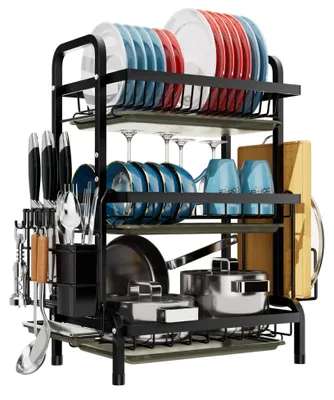 Image de Séchoir à linge noir, séchoir à linge en acier inoxydable, séchoir à linge avec porte-couverts, égouttoir de cuisine