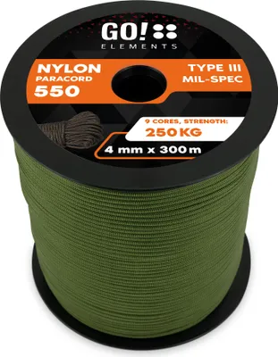 Produktbild von GO!elements 300m Paracord Seil aus reißfester Nylonschnur - 4mm Paracord 550 Typ III Schnur - geeignet als Allzweckseil & Reepschnur - Max. 250kg, Farbe: Oliv