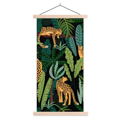 Produktbild von MuchoWow® Textilposter Dschungel - Panther - Muster - Jungen - Mädchen - Pflanzen 40x80 cm mit holzfarbenen Rahmen - Wohnzimmer