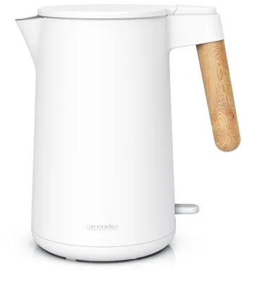 Produktbild von Arendo Wasserkocher Wood Style CORE, 1,5 l, 2200 W, Teekocher mit Doppelwandgehäuse, Cool-Touch, Edelstahl, BPA-frei, 360°-Basis, weiß, Griff in heller Holzoptik