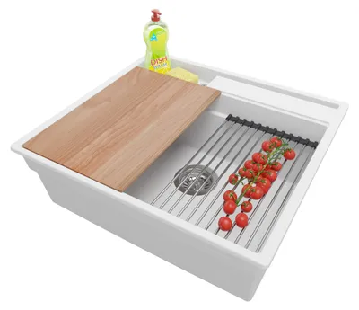 Produktbild von PRIMAGRAN Spülbecken Weiß 58x53cm, Granitspüle 1 Becken + Ablauf-Set + Küchenzubehörset, Küchenspüle ab 60er Unterschrank - Oslo Pocket