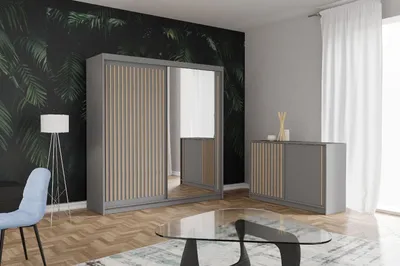 Produktbild von Kleiderschrank + Kommode ROYAL 150 Schrank mit Spiegiel Sideboard Schiebetüren Grau + Wotan Lamellen