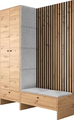 Produktbild von MIRJAN24 Garderoben-Set Balma III, Kleiderschrank, Unterschrank mit Lamellen, 6x Gepolstertes Paneel 42x42 (Farbe: Artisan Eiche / Artisan eiche + Schwarz, Abriamo 06)