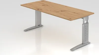 Produktbild von Schreibtisch Mauri | Asteiche | Silber Gestell | BxT 180x80cm | Arbeitshöhe 68-86cm | höhenjustierbar, 2cm Raster | C-Fuß-Gestell | Rechteckform