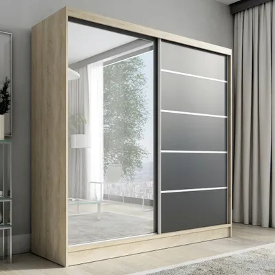 Produktbild von Schwebetürenschrank, 2-türig Schrank mit Spiegel NERO 200 cm Sonoma / schwarz