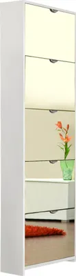 A tall, narrow white shoe cabinet with multiple flip-down drawers, some of which are mirrored. A vase with orange flowers and a green vase are visible in one of the mirrored drawers. A red rug is visible in the bottom drawer.