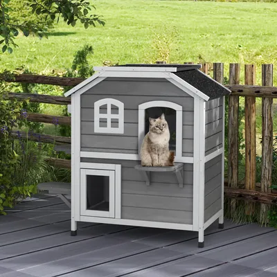Produktbild von Katzenhaus Holz 2-Etagen, Katzenhütte outdoor winterfest, Katzenhöhle mit Asphaltdach, klappbarem Deckel, Grau | 99,5 x 76 x 91 cm | 15 kg
