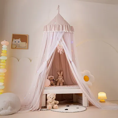 Immagine prodotto di Baldacchino doppio strato rotondo per bambina principessa zanzariera baldacchino sospeso per lettino cameretta camera da letto, rosa chiaro
