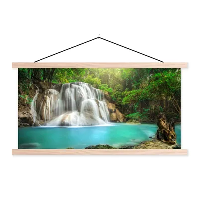 Produktbild von MuchoWow® Textilposter Wald - Wasserfall - Natur 60x30 cm mit holzfarbenen Rahmen - Dekoration