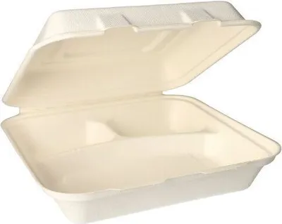 Produktbild von Menüboxen, Zuckerrohr "pure" 3-geteilt 8 cm x 24 cm x 24 cm weiss