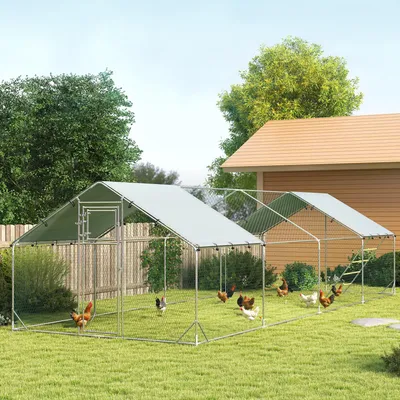 Produktbild von Hühnergehege Freilaufgehege für Hühner, Hühnerstall, UV-beständige Plane, Verzinkte Stahlrohre, Silber | 300 x 800 x 195 cm | 24–30 Hühner | 48 kg