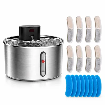 Produktbild von 3,2L Automatischer Edelstahl Katzenbrunnen, kabellos mit Akku, Bewegungssensor 5-Stufen Filter, flüsterleiser Wasserbrunnen für Haustiere 8 Ersatzsets