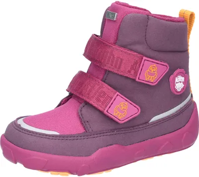 A single pink and purple boot for a child.
