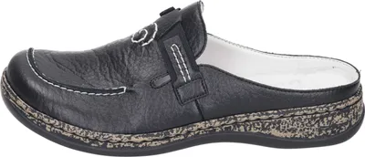 A side view of a black women's clog shoe.