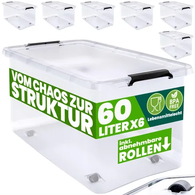 Immagine prodotto di DEUBA® 6x 60L Scatole in Plastica Trasparente Senza BPA Contenitori con Coperchio Impilabili Ruote Cassette Salvaspazio