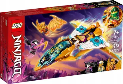 The image shows the packaging of a LEGO Ninjago Zane's Golden Dragon Jet building set, featuring the jet, minifigures, and a fantasy background.