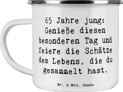 Produktbild von Mr. & Mrs. Panda Teetasse Spruch 65. Geburtstag Feiern - Weiß - Geschenk, Schätze des Lebens, Happy Birthday, Teebecher, emaillebecher, Pott, Geburtstagsspruch