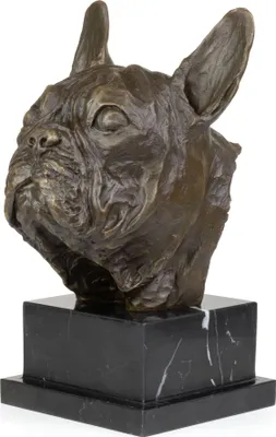 Image de Sculpture en bronze Tête de chien Bouledogue français de face en bronze sur socle en marbre avec feutre H 26 cm Buste d'animal comme objet de collection Sculpture