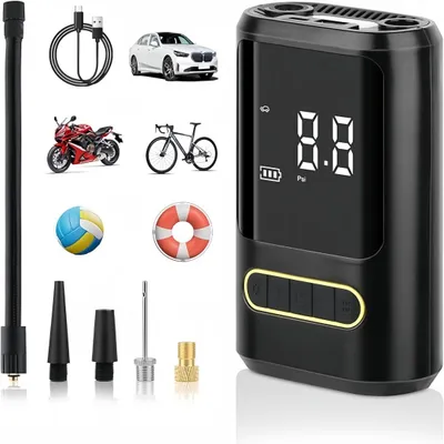 A collage of an electric air pump and various items it can be used with, such as a car, motorcycle, bicycle, and ball.