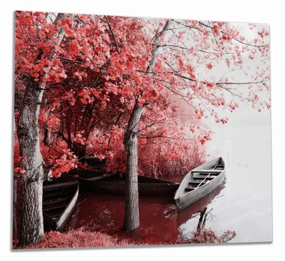 Produktbild von Wallario Herdabdeckplatte aus Glas, Größe 60 x 52 cm 1-teilig, Motiv Romantische Bootsanlegestelle in rot-weiß