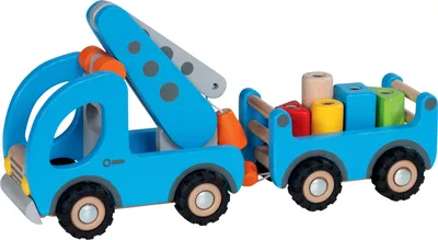 Obrázek produktu pro goki 55875 Jeřábové auto s přívěsem 32 x 9 x 16 cm, dřevo, 5 magnetických stavebnic, 7 dílků