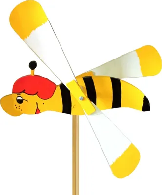 A wooden bee-shaped wind spinner on a stick, against a white background.