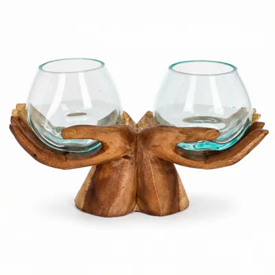 Produktbild von Doppel Windlicht Holzhand aus Suarholz mit 2 Glasgefäßen aus recyceltem Glas – Japandi Teelichthalter 29×18×15 cm