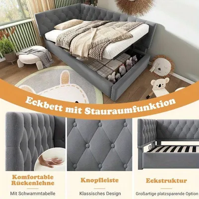 Image de Canapé-lit, canapé convertible, modèle "daybed" en velours, avec espace de rangement hydraulique, dimensions 90x200 cm, couleur gris