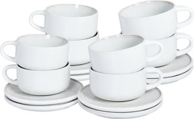 Produktbild von BELIANI Tassen mit Unterteller Set Cremeweiß Steinzeug Ton und Kaolin für 8 Personen Rund Handgefertigt Retro Geschirr Set Essgeschirr Küche Esszimmer