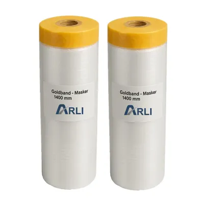 Produktbild von ARLI 2x Goldband Masker 1400 mm x 25 m Abdeckfolie mit Klebeband Malerfolie Transparent Baufolie Tape