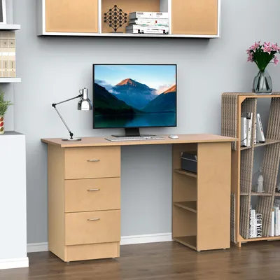 Produktbild von Sweiko Schreibtisch Computertisch Bürotisch Arbeitstisch Regal mit 3 Schubladen Regale Natur 120 x 49 x 72 cm