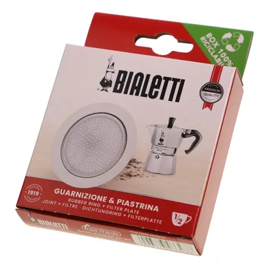 The image shows the packaging of a Bialetti coffee maker gasket and filter set.