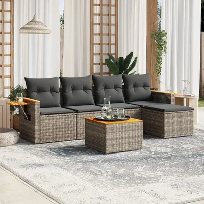 Produktbild von Design 6-tlg. Garten-Sofagarnitur mit Kissen Grau Poly Rattan, Gartenmöbel-Sets 2024 Neu