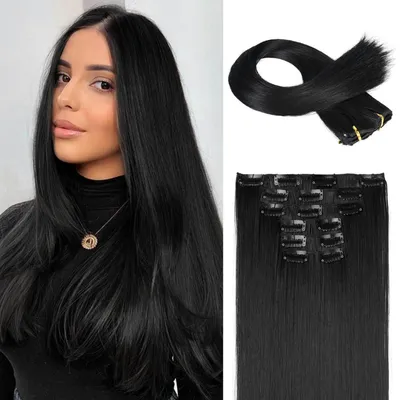 Immagine prodotto di Estensioni per capelli da applicare con clip, set da 6 pezzi, lunghezza 61 cm, lisce, sintetiche, colore nero