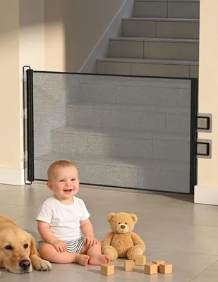 Obrázek produktu pro Výsuvná schodišťová zábrana 150 cm, bezpečnostní zábrana pro vnitřní i venkovní použití, ochranná zábrana pro děti a domácí mazlíčky na schody a dveře