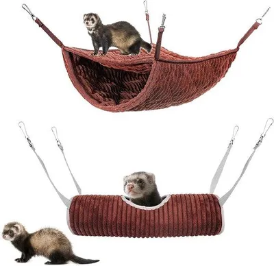 Produktbild von Hängebett-Tunnelkombination für kleine Tiere - Schutzplatz Tunnelrohr für Kaninchen, Hamster, Chinchilla - Braun