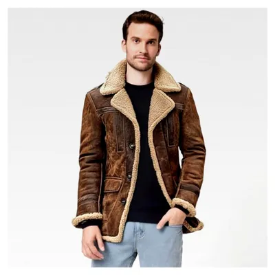 Produktbild von Herren Wildlederjacke gefüttert mit Fleece Trenchcoat Plüschkragen Motorradjacke Leder Fell Wintermantel warmer Arbeitsmantel Sherpa Übergangsjacke