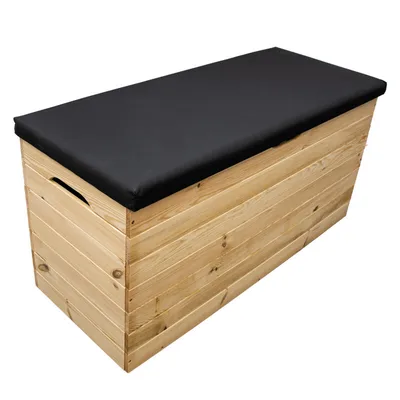 A wooden storage chest with a black upholstered lid, shown against a white background.