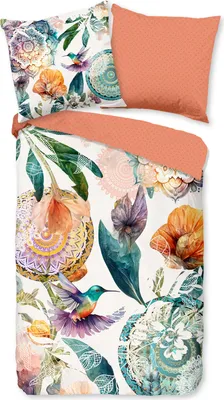 A flat lay of a duvet cover and pillowcase with a floral and mandala pattern.