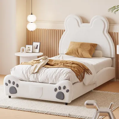 Productafbeelding van Zerbaco gestoffeerd eenpersoonsbed, 90x200 cm, berenmodel met opbergruimte, witte bekleding, zonder matras