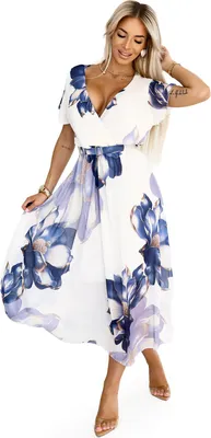 Produktbild von Numoco Luftiges Midi-Kleid Aurelia Sommerkleid Maxikleid langes Kleid mit großem Blumenmuster in Blautönen, weiß, Gr. S-L