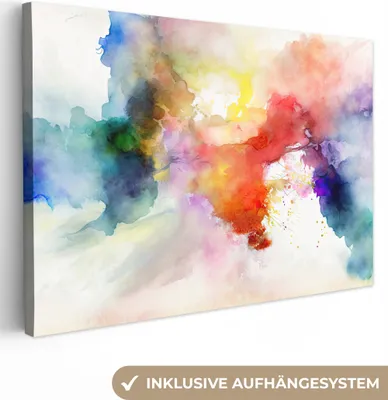 Produktbild von MuchoWow® - Leinwandbilder - Aquarell - Regenbogen - Abstrakt - Kunst - Farben, Wandbild, Wanddeko Bilder Wohnzimmer, 90x60 cm