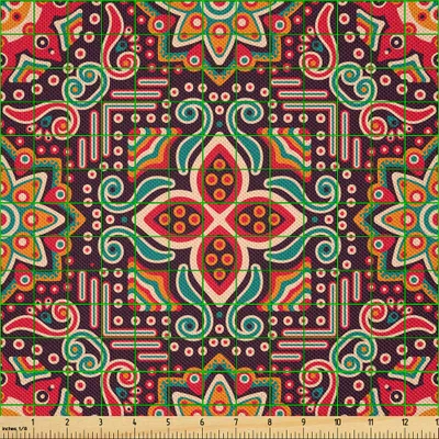 Produktbild von ABAKUHAUS orientalisch Satin Stoff als Meterware, Klassiker Bunte Gekritzel Blumenmotiv mit Arabesque Inspirations-Druck, 3 M (148 x 300 cm), Mehrfarbig