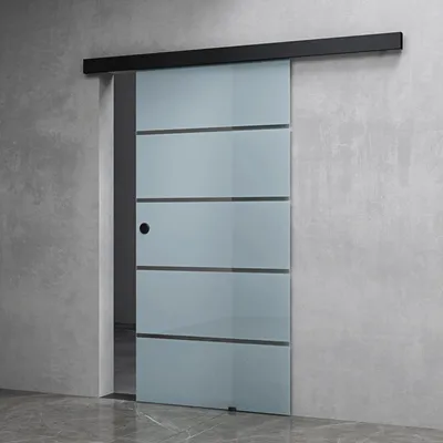 A modern glass sliding door with frosted glass panels and black horizontal accents, mounted on a black track against a textured gray concrete wall.