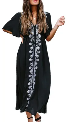 Imagen del producto de Solidchoice - Kimono largo de corte bohemio con cuello en V, color negro